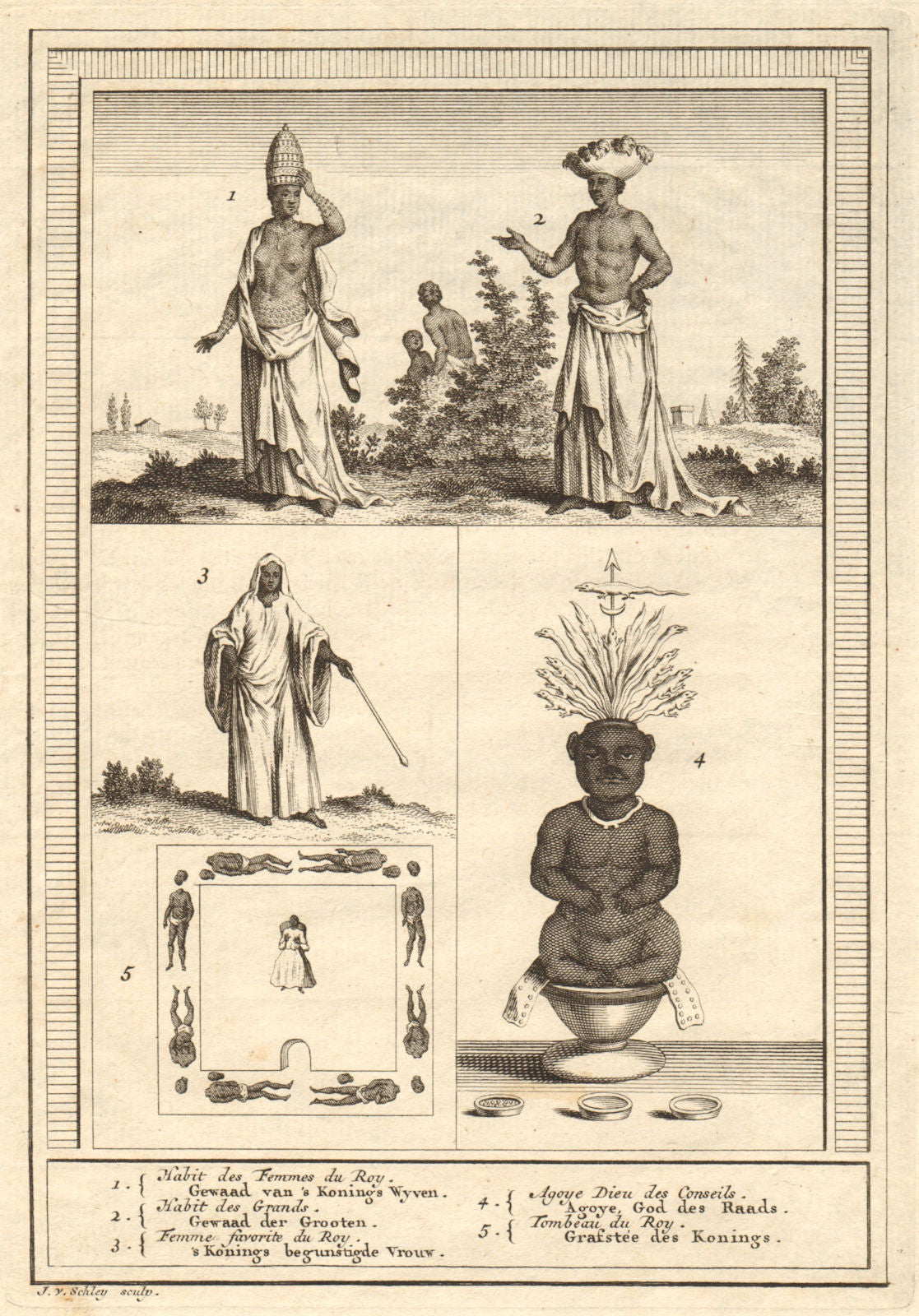 Benin costume. Whydah. King's wives. Grandees. Agoye God of Counsel. SCHLEY 1748